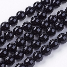 Brin de perles rondes en onyx noir naturel, teint