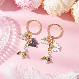 2шт. бабочка сплав акрил и стразы и угловые подвески брелки, с железными разъемными кольцами для ключей, кошелек, украшение для рюкзака