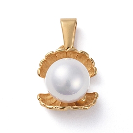 304 Stainless Steel Pendants, with Shell Pearl, Clamshell Shape