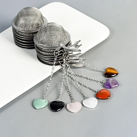 Round Stainless Steel Mesh Tea Infuser, Tea Ball Strainer Infusers with Long Chain & Heart Natural Gemstone Pendant