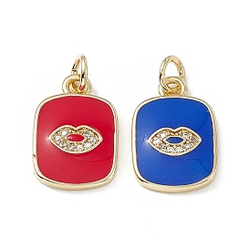 Brass Micro Pave Cubic Zirconia Charms, Enamel Style, Real 18K Gold Plated, Rectangle with Lip Charm, with Jump Ring