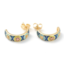 Semicircular Brass Enamel Half Hoop Earrings, with Ear Nuts, Flower, Colorful