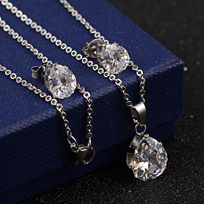 Teardrop 304 Stainless Steel Cubic Zirconia Pendant Necklaces and Stud Earrings, 17.7 inch , 9x7x6mm, Pin:0.8mm