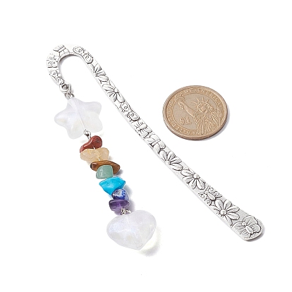 Chakra Gemstone Chip Beaded Pendant Bookmark with Glitter Acrylic Star & Heart, Flower Pattern Tibetan Style Alloy Hook Bookmarks
