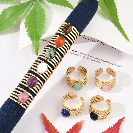 304 многослойные открытые манжеты из нержавеющей стали, овальное кольцо с натуральным драгоценным камнем для женщин, реальный 18 k позолоченный, ионное покрытие (ip)