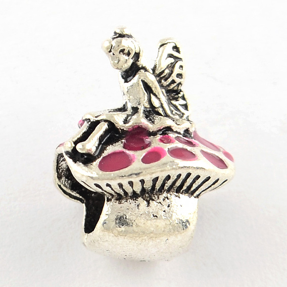 Старинное серебро покрытием фея и Тибетский гриб стиль сплава эмали европейских бусы, бусины с большим отверстием, 13~14x10~11x10 мм, отверстие : 5 мм