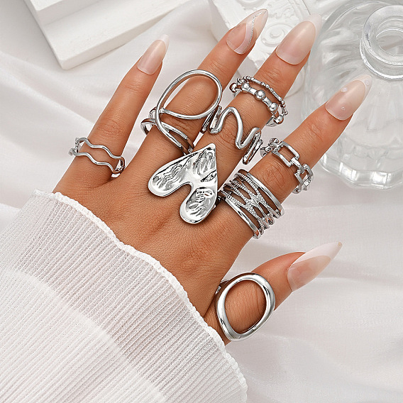 Alloy Cuff Open Rings Set, Mixed Shapes