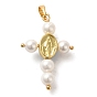 Rack Plating Brass & Acrylic Pearl & Synthetic Turquoise Pendants, Long-Lasting Plated, Cadmium Free & Lead Free, Cross Charms