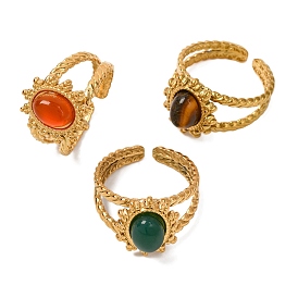 Oval Natural Gemstone Finger Rings, Golden Tone 304 Stainless Steel Open Cuff Rings for Women