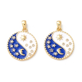 Rack Plating Brass Micro Pave Clear Cubic Zirconia Pendants, with White & Blue Enamel, Cadmium Free & Nickel Free & Lead Free, Flat Round with Sun