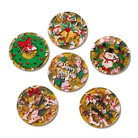 Transparent Christmas Themed Cellulose Acetate(Resin) Pendants, Flat Round Charms