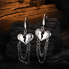 925 Sterling Silver Hollow Heart Chain Retro Earrings for Women