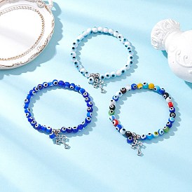 3Pcs 3 Colors Cross 304 Stainless Steel Charm Bracelets, Handmade Evil Eye Lampwork Beaded Stretch Bracelet Sets for Men Women, Stainless Steel Color