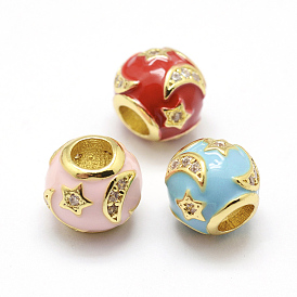 Messing Emaille europäischen Perlen, mit Zirkonia, Großloch perlen, Runde mit Mond und Stern, Bleifrei und Nickel frei und Cadmiumfrei, golden