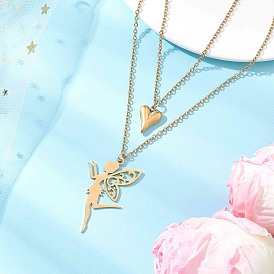 Кулон из нержавеющей стали в форме феи и сердца 304 Двухслойные ожерелья из нержавеющей стали с цепочкой для женщин