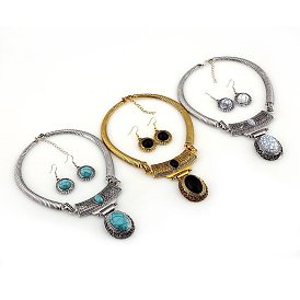 Oval Synthetic Turquoise Pendant Necklaces & Dangle Earrings Sets. Alloy Jewelry Sets