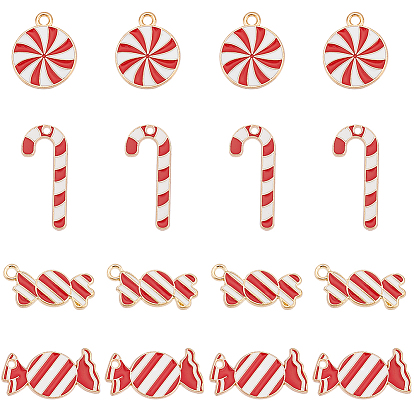 40 шт. 4 стильные подвески из легкого позолоченного сплава в рождественском стиле, с эмалью, конфета тростник и конфеты и плоский круглый с вихрем