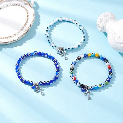 3Pcs 3 Colors Cross 304 Stainless Steel Charm Bracelets, Handmade Evil Eye Lampwork Beaded Stretch Bracelet Sets for Men Women, Stainless Steel Color