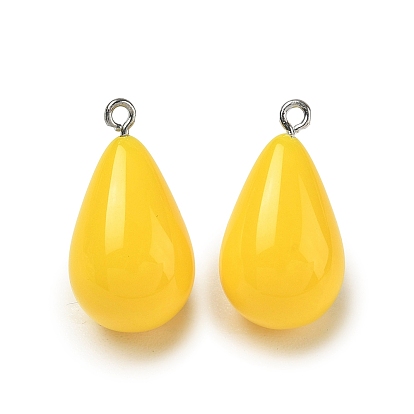 Opaque Resin Pendants, Teardrop Charm, with Platinum Tone Iron Loop