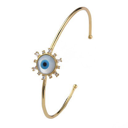 Shell Evil Eye Open Cuff Bangle with Synthetic Turquoise, Real 18K Gold Plated Brass Bangle with Clear Cubic Zirconia for Women