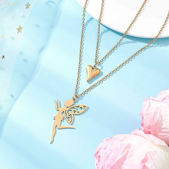 Кулон из нержавеющей стали в форме феи и сердца 304 Двухслойные ожерелья из нержавеющей стали с цепочкой для женщин