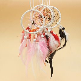 Toile/filet tissé en fer avec des décorations de pendentifs en plumes, avec des perles en bois  , recouvert de dentelle de coton et cordon villosités, plat rond