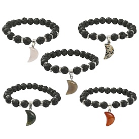 Natural Lava Rock Round Beaded Stretch Bracelet, Natural & Synthetic Mixed Gemstone Moon Charms Adjustable Bracelet for Women