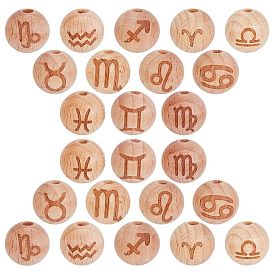 SUNNYCLUE 24Pcs 12 Style Laser Engraved Wooden Beads, Undyed, Round with Constellation Pattern