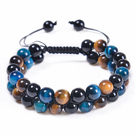 Oeil de tigre naturel et obsidienne noire bracelet de perles double couche réglable pour hommes