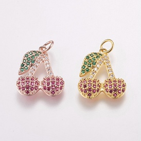 Brass Micro Pave Cubic Zirconia Pendants, Long-Lasting Plated, Cherry, Lead Free & Cadmium Free