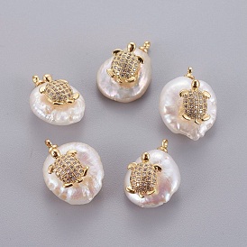 Natural Cultured Freshwater Pearl Pendants, with Brass Micro Pave Cubic Zirconia Cabochons, Nuggets with Tortoise, Clear