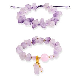 2Pcs 2 Style Synthetic Amethyst Chips Braided Bead Bracelets Set with Irregular Nugget Charm, Gemstone Yoga Jewelry for Women