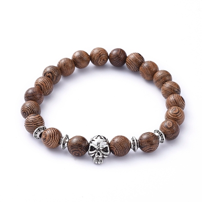 Stretch Bracelets, with Natural Wood Beads and Tibetan Style Alloy Beads, Skull