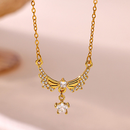 304 Colliers pendentifs ailes d'ange en acier inoxydable pavé de zirconiums cubiques transparents pour femmes