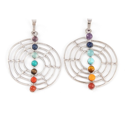 Chakra Natural Tiger Eye & Natural Lapis Lazuli & Natural Carnelian & Synthetic Turquoise & Glass Pendants, Rack Plating Alloy Flat Round Charms, Long-Lasting Plated, Lead Free & Cadmium Free