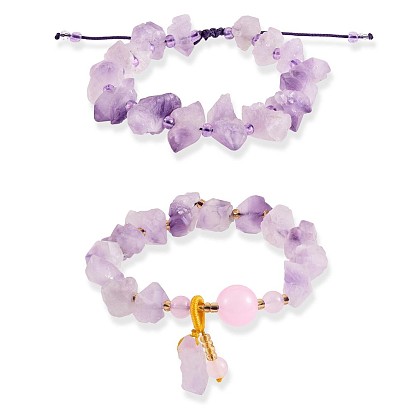 2Pcs 2 Style Synthetic Amethyst Chips Braided Bead Bracelets Set with Irregular Nugget Charm, Gemstone Yoga Jewelry for Women