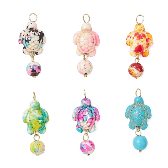 6 шт 6 цвета окрашенные синтетические бирюзовые черепахи круглые подвески, с медными петлями, золотые