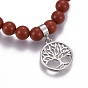 Natural Gemstone Charm Bracelets, with Brass Findings, Flat Round with Tree of Life