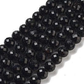 Natural Black Tourmaline Beads Strands, Grade AA, Faceted, Round