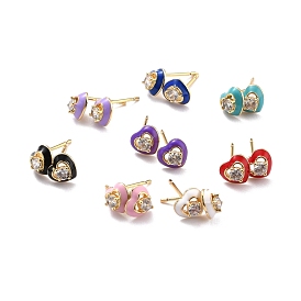 Heart Sparkling Cubic Zirconia Stud Earrings for Her, Real 18K Gold Plated Brass Enamel Earrings