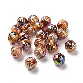 UV Plating Rainbow Iridescent Acrylic Beads, with Gold Foil, Textured, Round