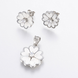 304 Stainless Steel Jewelry Sets, Pendants and Stud Earrings, with Enamel and Cubic Zirconia, Flower