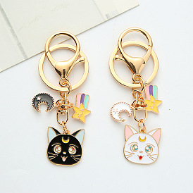 Cute Cat Keychain with Moon and Stars, Creative Metal Bag Charm Pendant