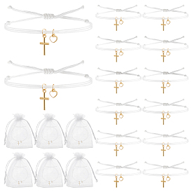 60шт. браслеты с подвесками из сплава и нержавеющей стали, плетеные браслеты из нейлонового шнура для женщин, крест и сердце, с подарочными пакетами из органзы