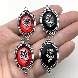 Zinc Alloy Pendants, with Resin, Oval, Gothic Rose Silver Plated Embossed Accessories Halloween DIY Pendants