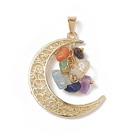 7 pendentifs de puces de pierres précieuses mélangées naturelles chakra, breloques lune en alliage plaqué or clair
