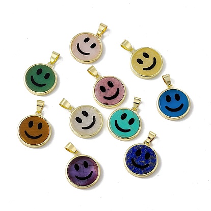 Gemstone Pendants, Flat Round with Smiling Face Charms, with Rack Plating Brass Findings, Cadmium Free & Lead Free