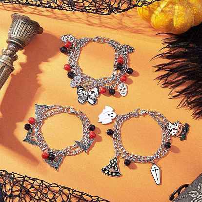 3Pcs 3 Styles Halloween Theme 304 Stainless Steel Figaro Chains Multi-strand Bracelets, Alloy Enamel Charm Bracelets for Men Women