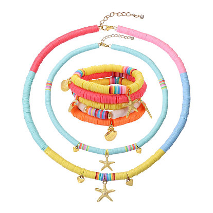 Bracelets extensibles et ensembles de bijoux collier pendentif, perles de heishi en pâte polymère faites main, laiton perles d'entretoise, accessoires en alliage