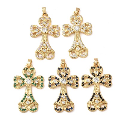 Brass Micro Pave Cubic Zirconia Pendants, Cross Charms, Rack Plating, Long-Lasting Plated, Lead Free & Cadmium Free, Real 18K Gold Plated